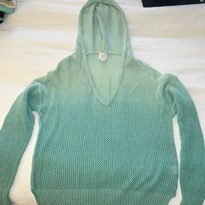 NY&C Hooded Ombré Mint Green Open Stitch V-Neck Sweater